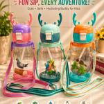 Kids Cartoon Water Bottle with Straw & Carry Strap