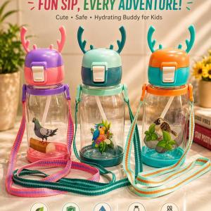 Kids Cartoon Water Bottle with Straw & Carry Strap